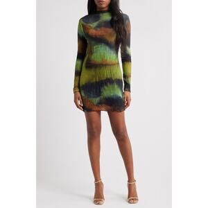 Topshop NWOT Tie Dye Long Sleeve Mesh Minidress Size 0-2 Green Black Colorful